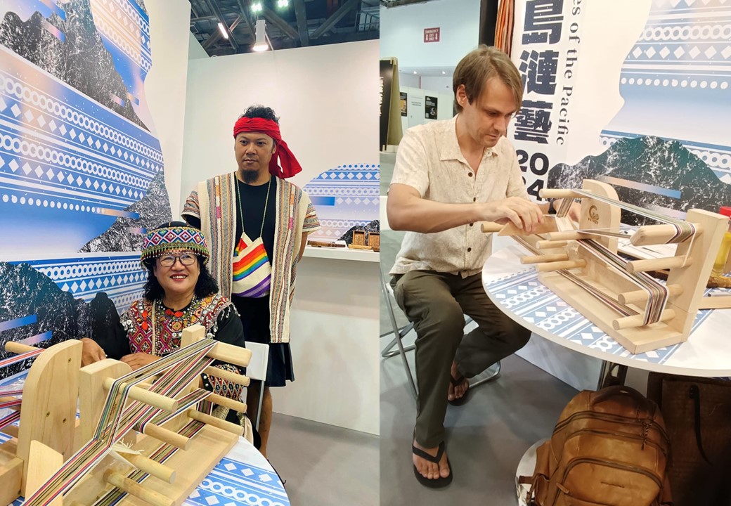 Abus demonstrates traditional Bunun weaving techniques at the event and invites international guests to join in the hands-on experience, allowing them to engage with the craft and learn about its cultural significance.